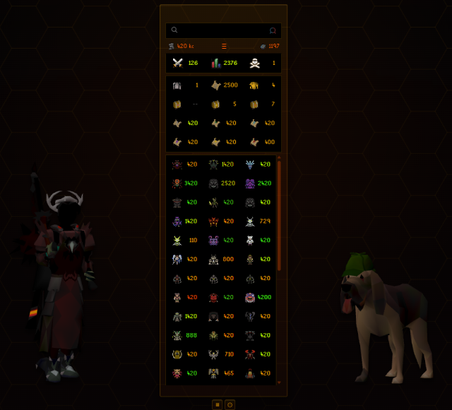 Kill Clog public profile showing the player's character and active follower beside the boss grid