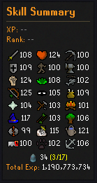 Kill Clog Skill Summary showing virtual skill levels above 99